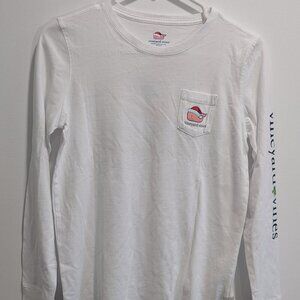 NWT Vineyard Vines Kids Pocket Tee Long Sleeve Christmas Santa Whale White Large